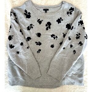Talbots Womens XL Grey Fleece Sweatshirt Black Velvet Flocked Floral Crewneck